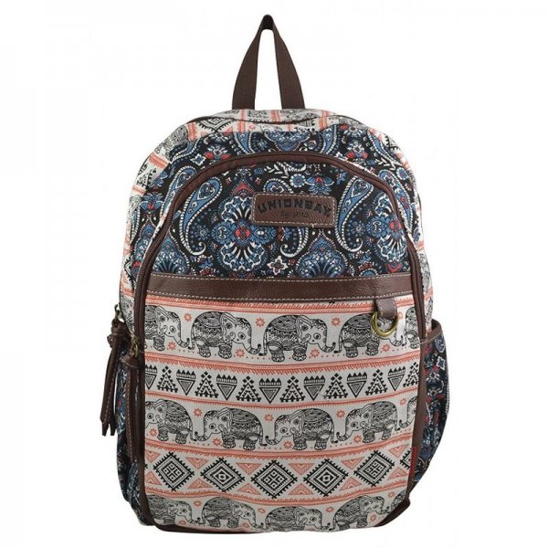UNIONBAY GIRLS WOMEN'S ELEPHANT FOX OWL BUTTERFLY AZTEC CANVAS 15" SCHOOL BACKPACK - ORANGE ELEPHANT